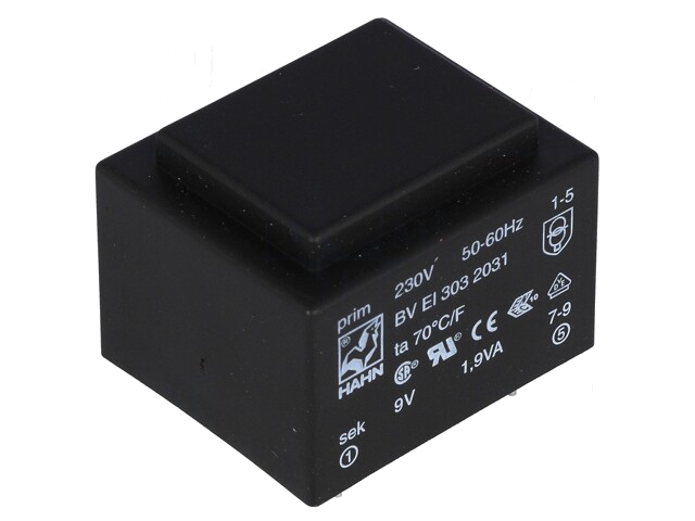Transformator: ingegoten; 1,9VA; 230VAC; 9V; 211mA; PCB; BVEI Transformator: ingegoten; 1,9VA; 230VAC; 9V; 211mA; PCB; BVEI